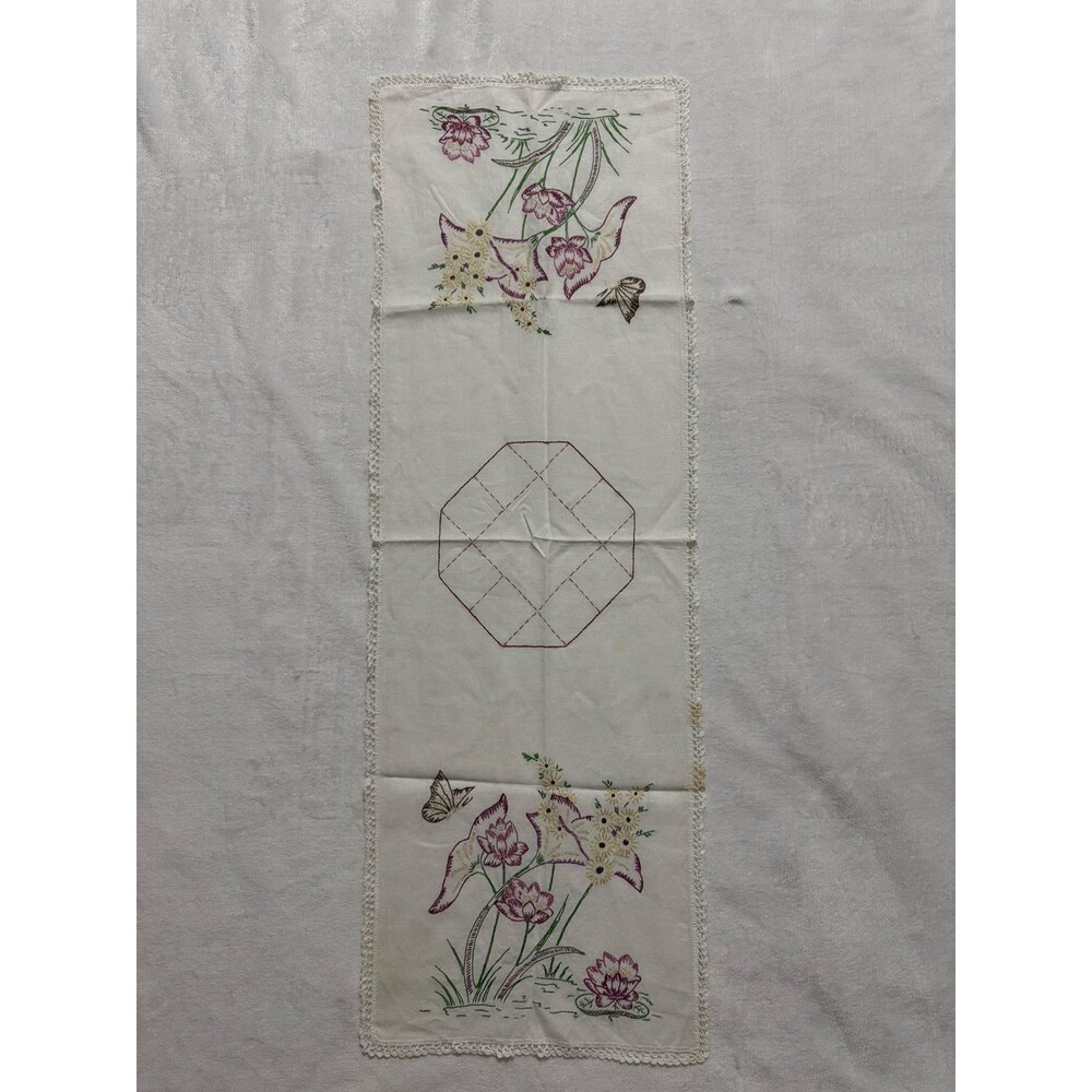 Embroidered Floral Table Runner Dresser Scarf Easter Spring Vintage Linens
